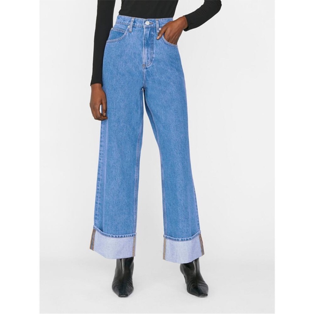 Frame Rolled High Rise Wide Leg Jeans in Meadow